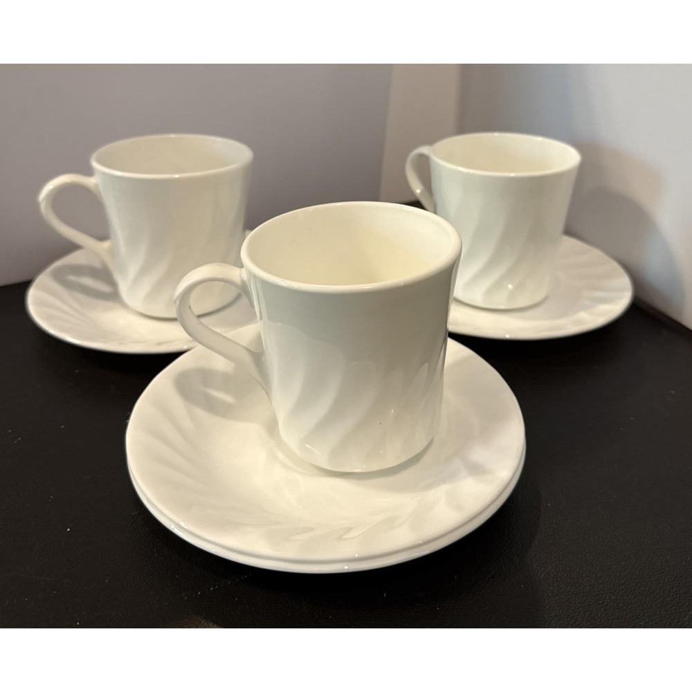 Corelle Enhancements White Swirl 3 Tea Cup Mug Coffee USA 4 Saucer USA Corning